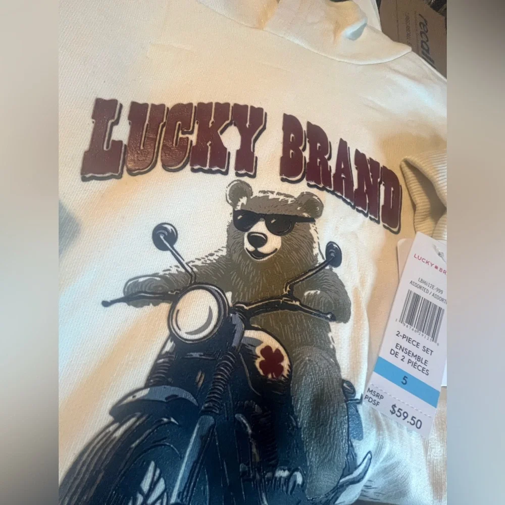 NWT LUCKY BRAND Boys 2pc Knit Hoodie and Joggers Set Bear Motorcycle Print Front